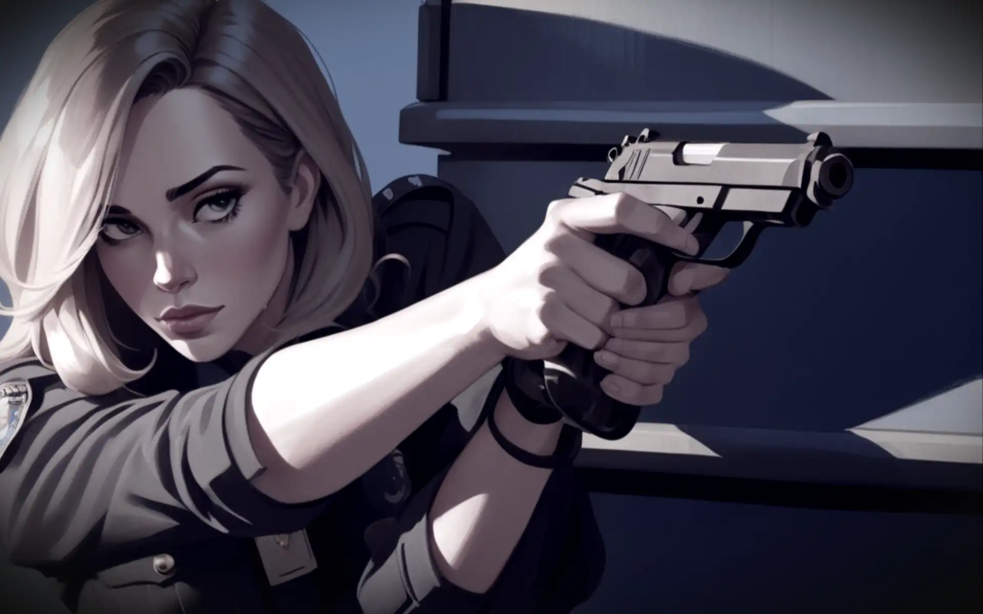 Una detective está disparando desde detrás de una cubierta.