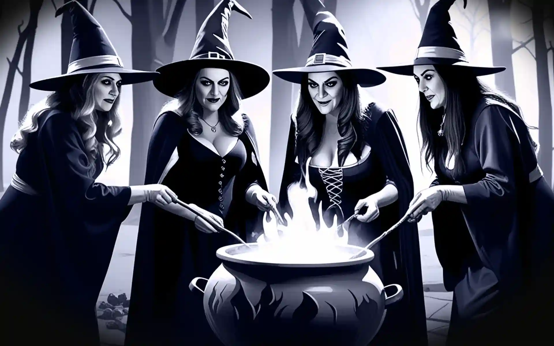 Un grupo de brujas está preparando veneno en medio del bosque.