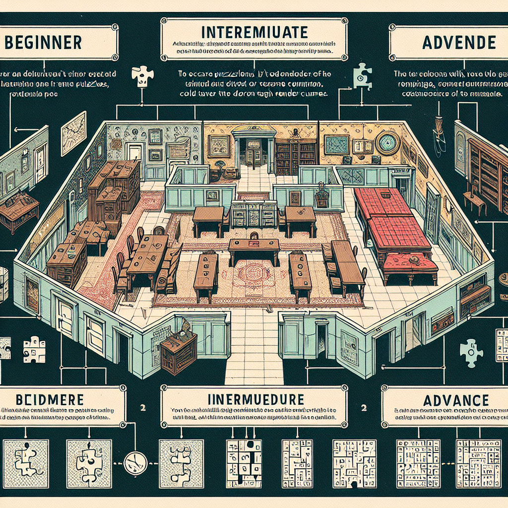 A visual representation of an escape room setting with puzzles and clues divided into beginner, intermediate, and advanced levels.