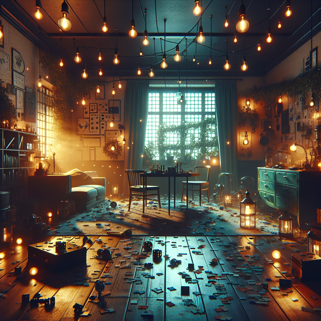 Escena animada y emocionante en un escape room por la noche, luces tenues iluminan el espacio lleno de acertijos.