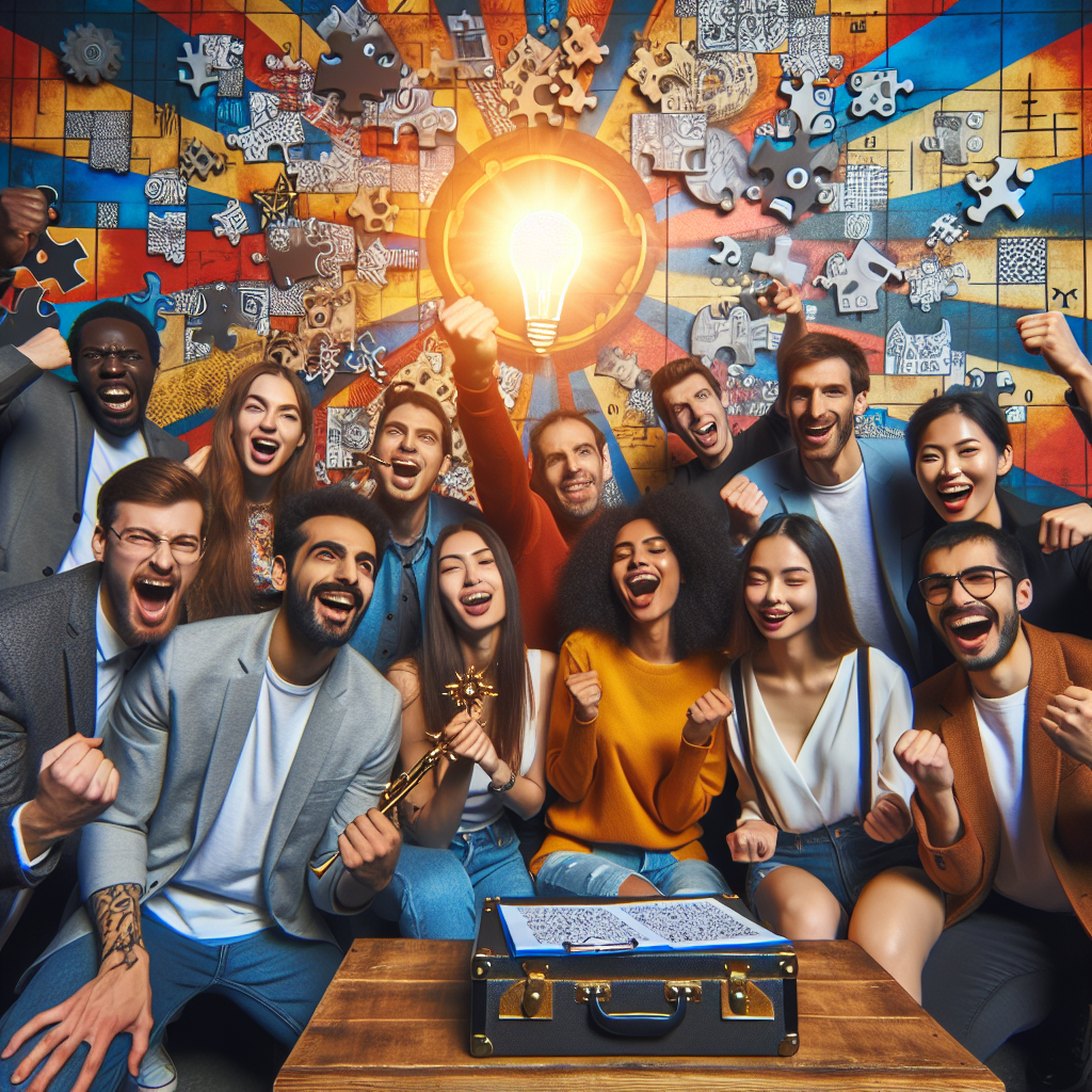 Team of individuals having their breakthrough moment while working together in an escape room, symbolizing the value of teamwork and creativity.