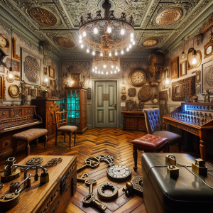 Interior view of an immersive escape room, filled with puzzle elements and mysterious artifacts.