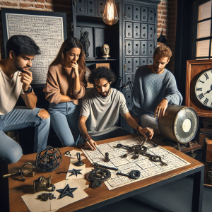Friends having fun while solving puzzles in a suspense-filled escape room in Málaga.
