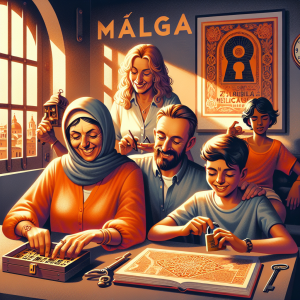 A family of various ages engaging in an exciting and mysterious escape room adventure in Málaga.