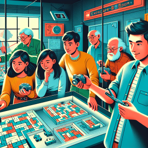 Personas resolviendo acertijos en un colorido escape room, posibilitando el desarrollo de su concentración y pensamiento lógico.