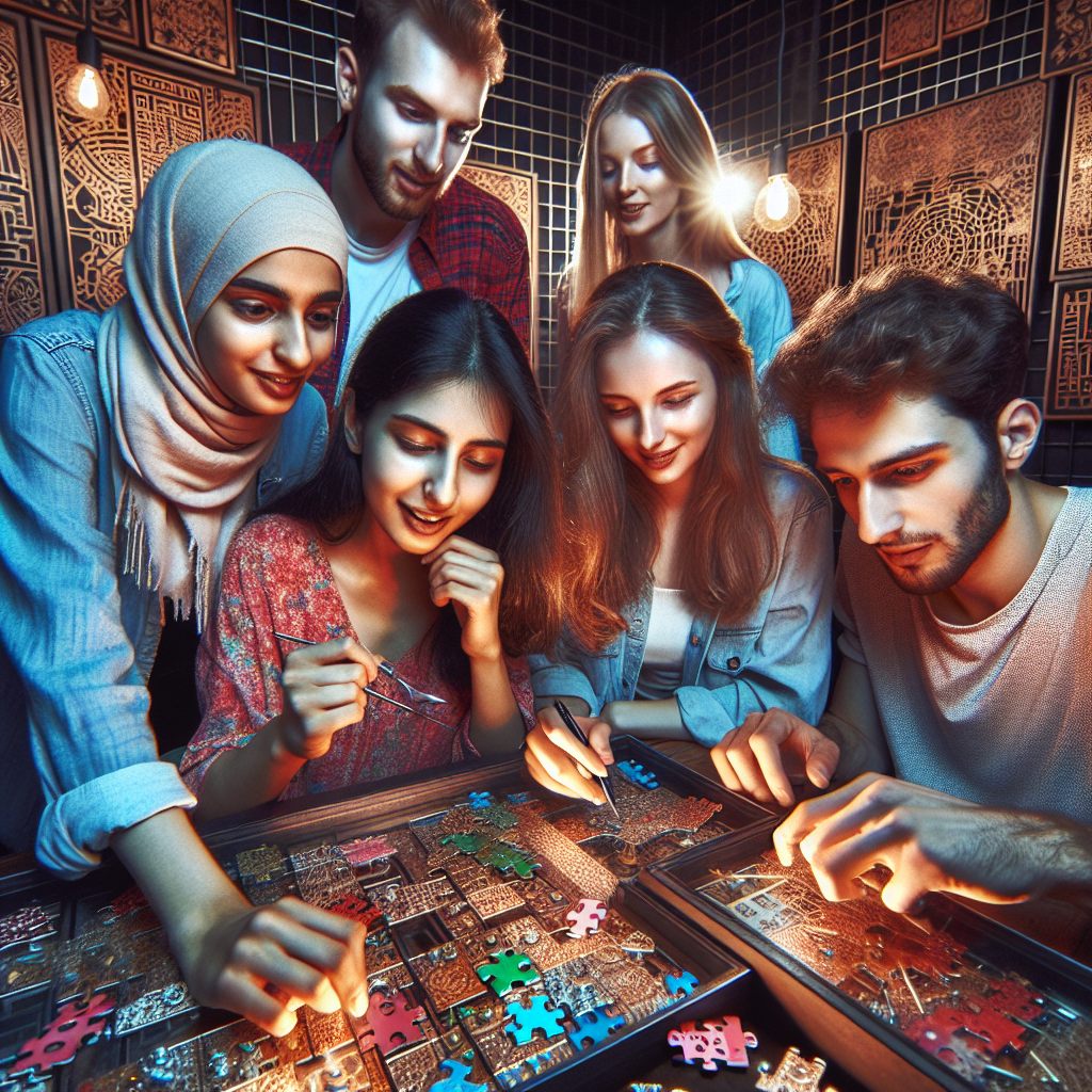 Grupo de amigos trabajando en equipo en un escape room lleno de acertijos y pistas, reflejando emoción y colaboración.