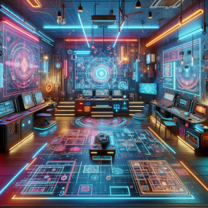 Escena de un escape room moderno que muestra elementos de realidad virtual y tecnología interactiva, con un ambiente dinámico y colorido, ilustrando la evolución de la experiencia de escapismo.