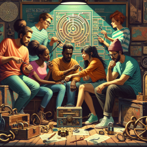 Un grupo de amigos participando activamente en un juego de escape room, rodeados de acertijos y decoraciones temáticas, mostrando una experiencia emocionante de colaboración y desafío.