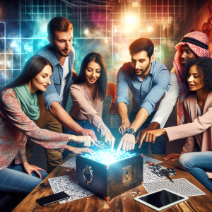 Imagen de un equipo trabajando en un escape room, colaborando para resolver acertijos en un ambiente vibrante y emocionante, mostrando así el espíritu de trabajo en equipo y estrategia.