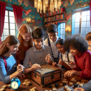 Niños participando en un escape room temático de Harry Potter resolviendo acertijos en un ambiente decorado, fomentando el aprendizaje y juego en equipo.