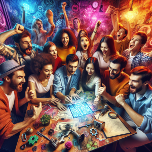 Grupo de amigos emocionados colaborando en un escape room, resolviendo acertijos y disfrutando de la experiencia juntos, en un ambiente vibrante y dinámico.