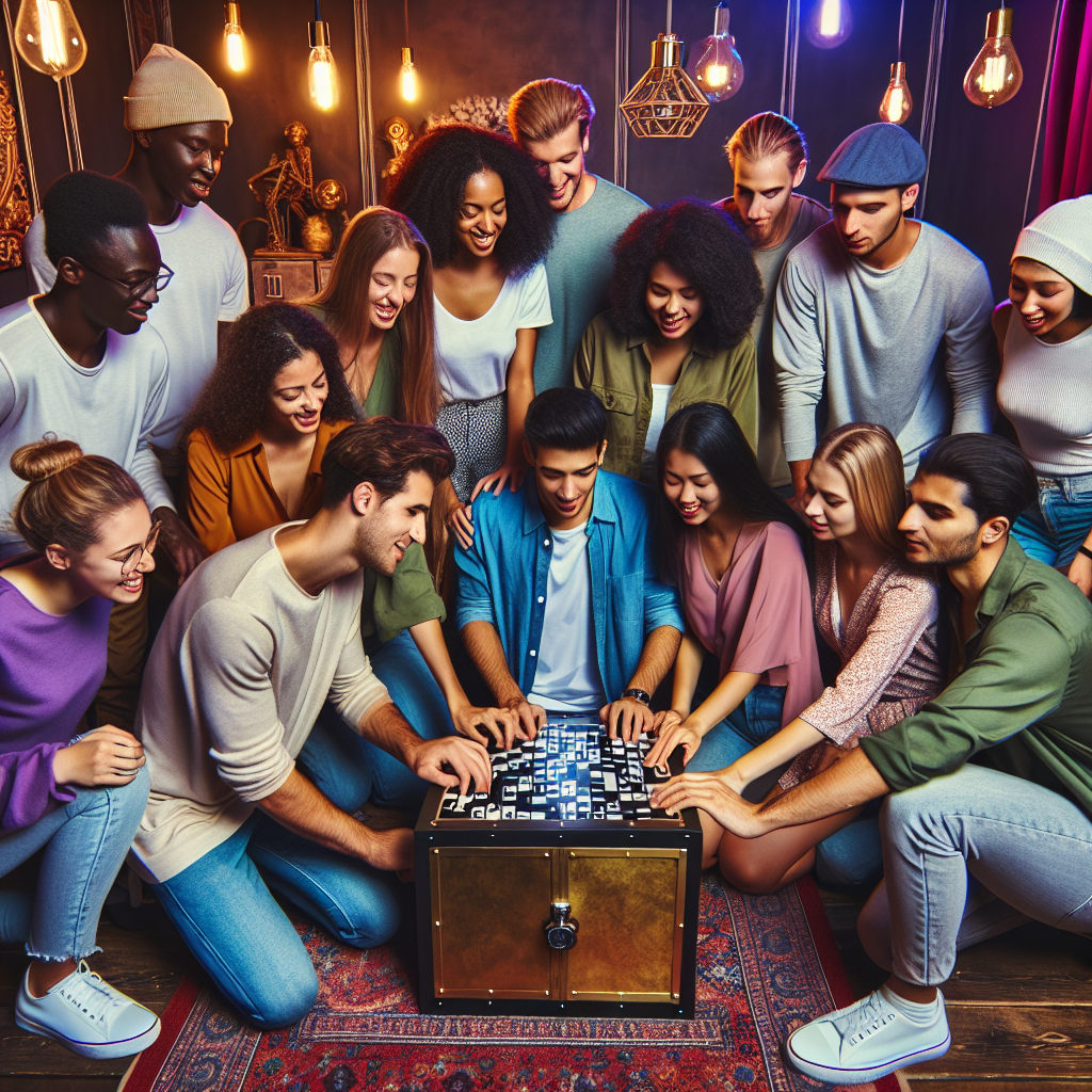 Un grupo de participantes se enfrenta a un enigma en un escape room, disfrutando de un ambiente decorado misteriosamente que captura la emoción y adrenalina del juego.