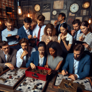 Un grupo diverso de personas disfrutan y trabajan juntos para resolver acertijos en un escape room temático, evidenciando la colaboración y el trabajo en equipo en un entorno entretenido.