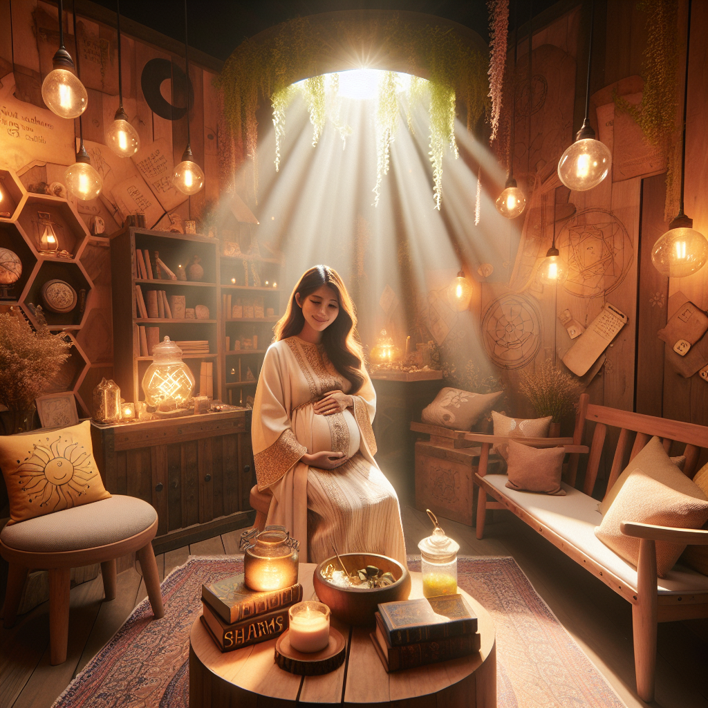 Mujer embarazada sonriendo en una sala de escape room temática de Harry Potter con iluminación suave, libros de hechizos y pociones sobre mesas de madera, mostrando un ambiente seguro y acogedor para futuras madres en escaPark Málaga