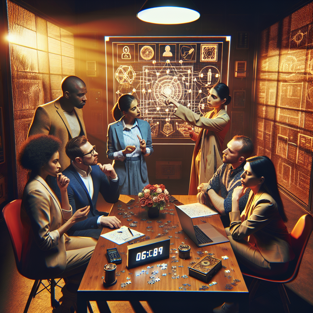 Grupo diverso de personas colaborando intensamente en un escape room moderno, con un líder natural señalando pistas mientras otros trabajan en equipo alrededor de una mesa con rompecabezas y objetos misteriosos, mostrando dinámicas de liderazgo bajo presión con cronómetro visible y ambiente de trabajo en equipo enfocado