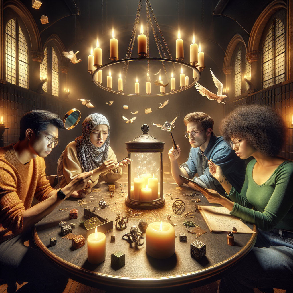 Grupo diverso de jugadores colaborando en escape room temático de Harry Potter, mostrando diferentes estilos de resolución de problemas y personalidades trabajando juntos alrededor de mesa con objetos mágicos y pistas