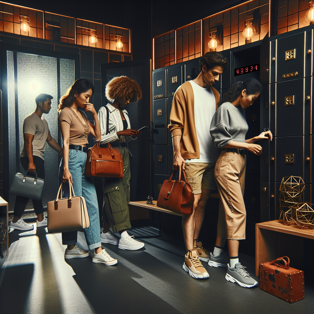 Grupo de personas preparándose para entrar a un escape room, vistiendo ropa cómoda y zapatillas deportivas, guardando sus pertenencias en taquillas mientras se aprestan a vivir una experiencia inmersiva en un centro de entretenimiento moderno con elementos temáticos futuristas