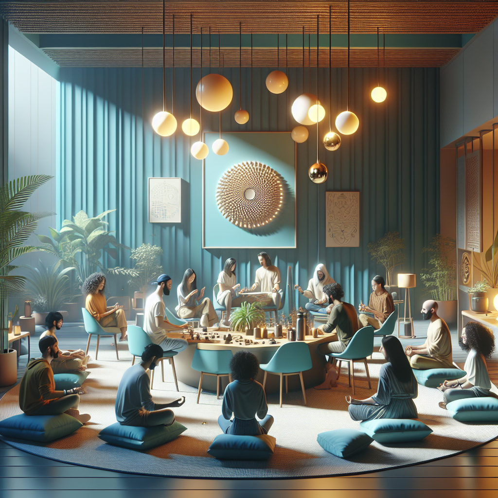 Grupo de personas trabajando juntas en un escape room moderno y bien iluminado, resolviendo puzzles de manera colaborativa en un ambiente terapéutico y relajante que promueve el bienestar mental y la reducción de la ansiedad