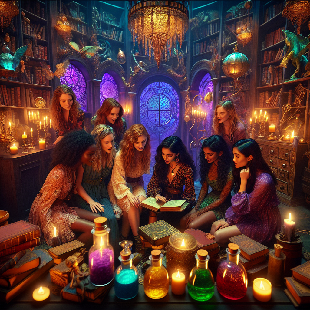 Grupo de mujeres jóvenes disfrutando de una experiencia de escape room temático de Harry Potter para despedida de soltera, resolviendo enigmas en un ambiente mágico decorado con pociones y elementos místicos en Málaga