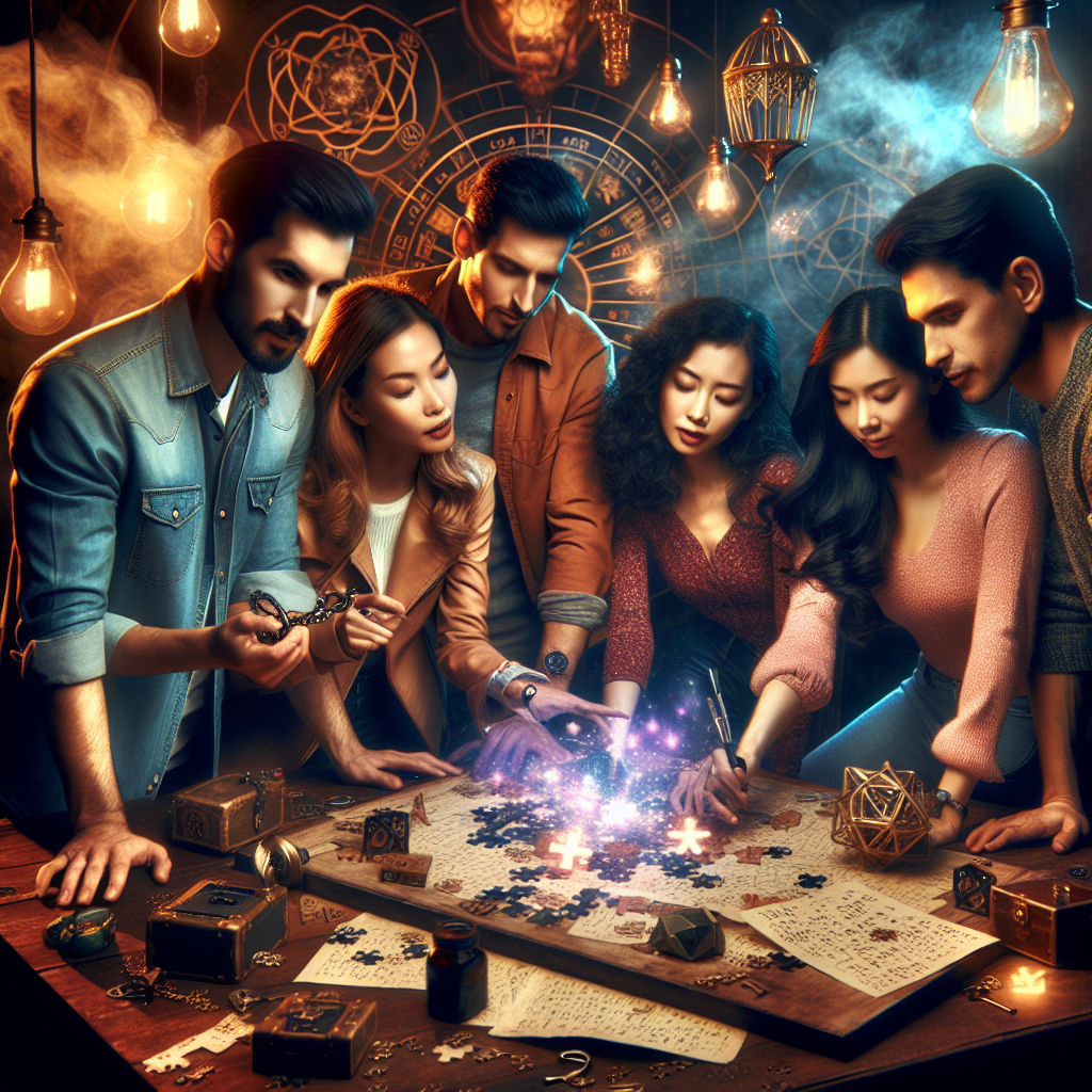 Grupo de amigos trabajando en equipo alrededor de una mesa llena de pistas y acertijos en un escape room con iluminación atmosférica y elementos mágicos flotantes, representando estrategias efectivas para evitar errores comunes en escape rooms