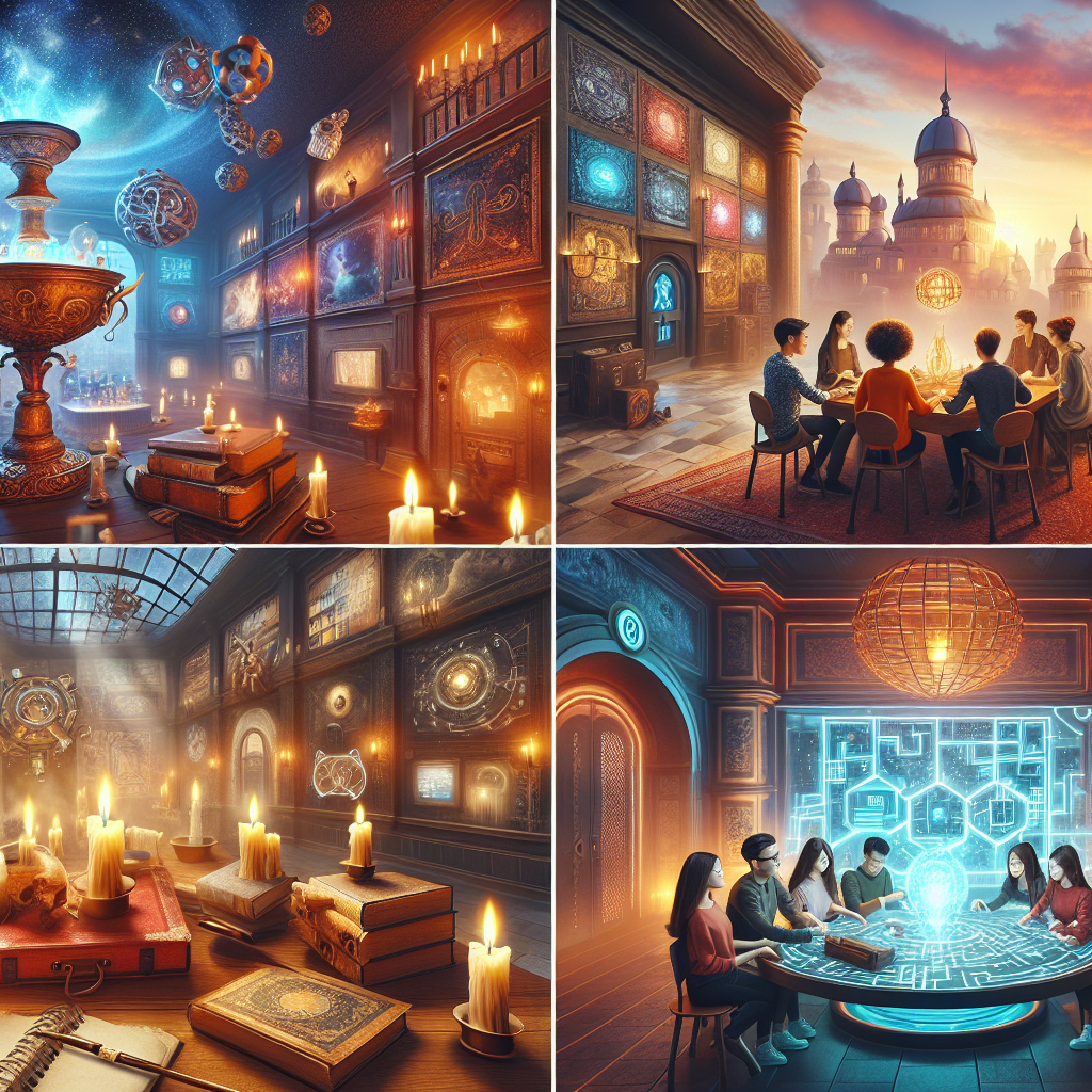 Escape room temático que muestra diferentes salas con elementos de Harry Potter como velas flotantes y libros de hechizos, tecnología futurista de ciencia ficción, y un grupo diverso de amigos resolviendo acertijos juntos en un ambiente misterioso y emocionante