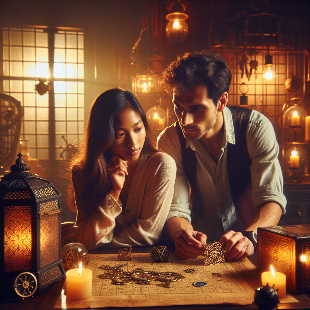 Young couple collaborating in Harry Potter themed escape room with magical props and warm lighting, showing teamwork and romantic connection while solving puzzles together