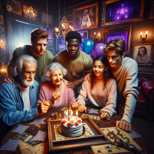 Grupo de amigos diversos celebrando un cumpleaños dentro de un escape room temático decorado con luces de colores, globos, elementos de puzzles misteriosos y una tarta de cumpleaños, mostrando trabajo en equipo y emoción durante la experiencia inmersiva