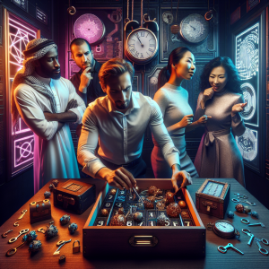 Cuatro personas con diferentes roles trabajando juntas en una sala de escape room iluminada con tonos azules y morados, mostrando distintos estilos de juego: exploración, estrategia, motivación y análisis lógico mientras resuelven acertijos y buscan pistas en un ambiente inmersivo y misterioso