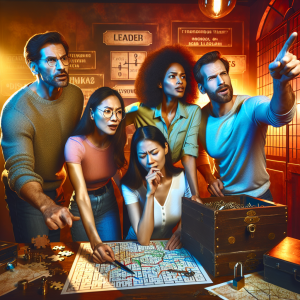 Four people working together in an escape room showing different player roles: a leader coordinating the team, an explorer searching for clues, a logical thinker solving a puzzle, and a motivator encouraging the group, set in an atmospheric room with mysterious elements and warm lighting