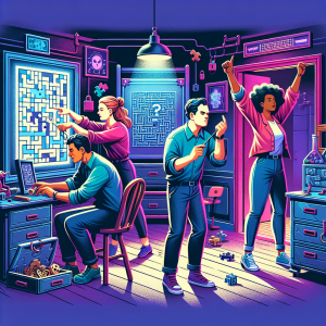 Cuatro personas trabajando en equipo dentro de una sala de escape room, mostrando diferentes roles: un líder coordinando, un explorador buscando pistas, un solucionador concentrado en un acertijo y un motivador animando al grupo, en un ambiente misterioso con iluminación azul y morada