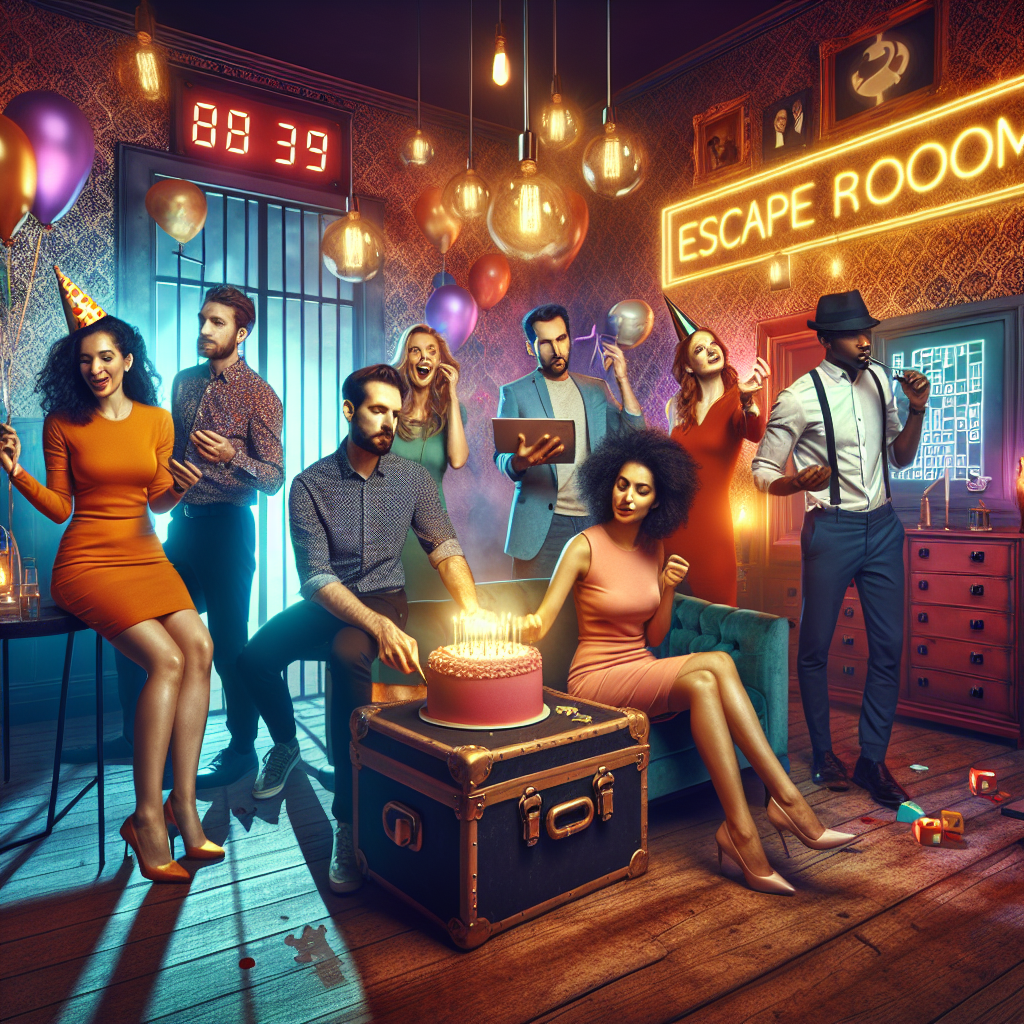 Group of diverse friends celebrating a birthday inside a themed escape room with mysterious lighting, puzzle elements on walls, and everyone actively engaged in solving clues together creating an exciting and adventurous atmosphere