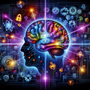 Ilustración de un cerebro humano brillante con conexiones neuronales activas rodeado de piezas de rompecabezas, engranajes y símbolos misteriosos, representando la estimulación cognitiva y los beneficios mentales de los escape rooms, con siluetas de personas colaborando en el fondo sobre un fondo azul y morado vibrante