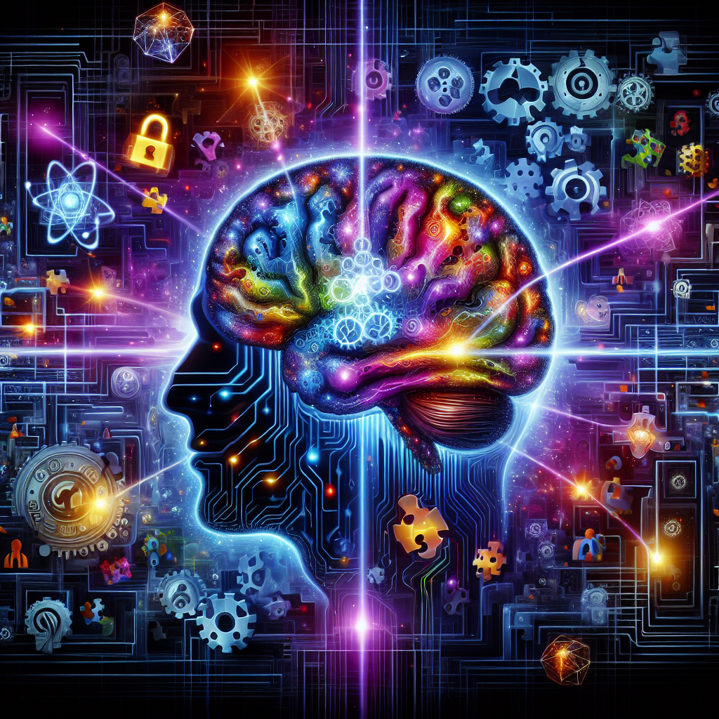 Ilustración de un cerebro humano brillante con conexiones neuronales activas rodeado de piezas de rompecabezas, engranajes y símbolos misteriosos, representando la estimulación cognitiva y los beneficios mentales de los escape rooms, con siluetas de personas colaborando en el fondo sobre un fondo azul y morado vibrante