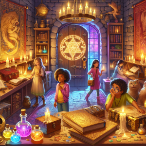 Group of diverse children aged 8 to 12 years old collaborating enthusiastically in a magical fantasy themed escape room with floating candles, spellbooks, and glowing symbols while an adult supervisor watches encouragingly, illustrating a safe and engaging family-friendly escape room experience designed for children and adolescents
