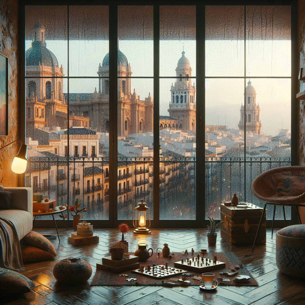 Cozy indoor scene in Málaga on a rainy day showing warm interior with puzzle elements and coffee cups, viewed through rain-streaked windows with city silhouette in background, representing indoor entertainment options and escape room activities during bad weather