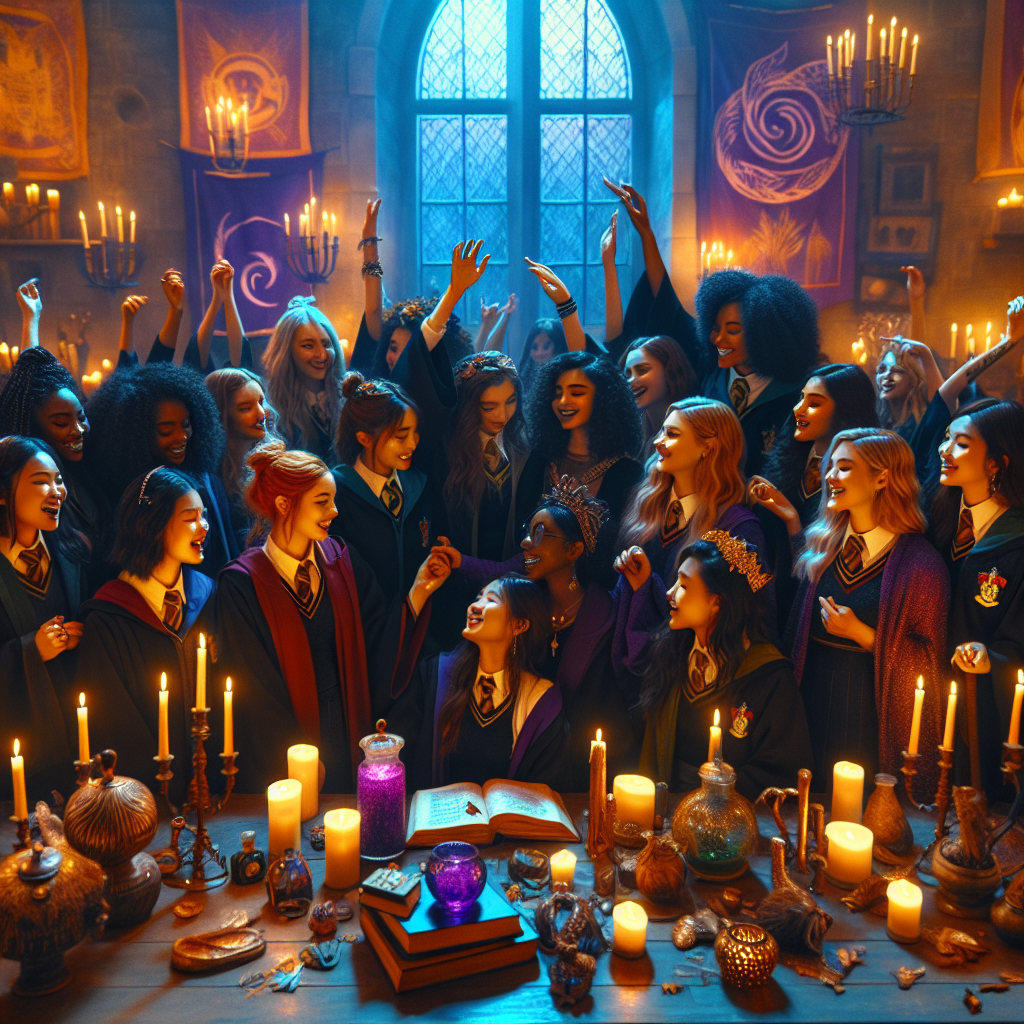 Group of women in colorful wizarding robes celebrating together in a magical escape room decorated with floating candles, potion bottles, spell books and mystical artifacts, showing teamwork and excitement during a themed bachelorette party adventure