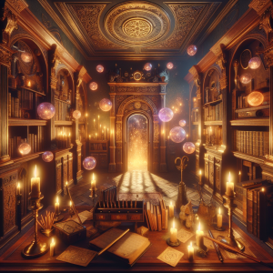 Atmospheric interior of an immersive fantasy-themed escape room featuring Victorian bookshelves, glowing magical orbs, mystical symbols, flickering candles, wooden wand on antique desk, and luminous dimensional portal creating a cinematic and enchanted ambiance that transports players into another world