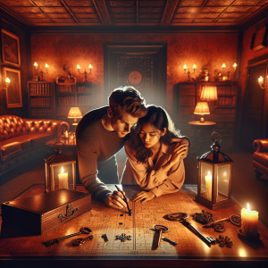 Pareja joven colaborando en un escape room atmosférico con iluminación tenue, examinando pistas y acertijos sobre una mesa rodeada de libros antiguos, velas y símbolos misteriosos, representando la experiencia de jugar un escape room en pareja