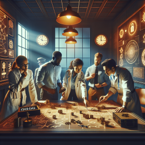A diverse professional team collaborating intensely inside an escape room environment, examining clues and puzzles on walls with mysterious symbols while a countdown timer creates urgency, illustrating teamwork and problem-solving skills development in a corporate training context