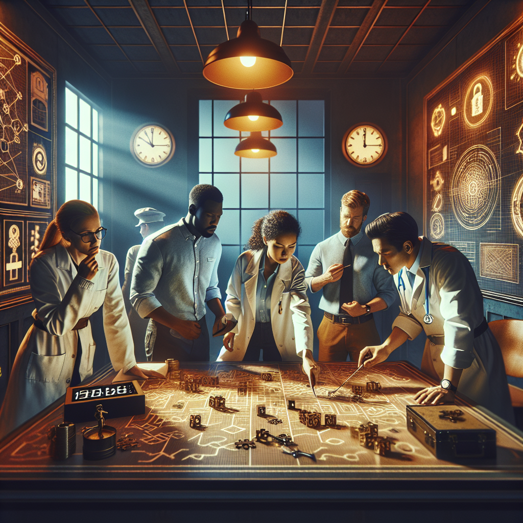 A diverse professional team collaborating intensely inside an escape room environment, examining clues and puzzles on walls with mysterious symbols while a countdown timer creates urgency, illustrating teamwork and problem-solving skills development in a corporate training context