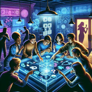 Group of diverse students collaborating intensely around an illuminated puzzle table inside a futuristic escape room, working together to solve clues and codes while practicing English language skills in an immersive educational gaming environment with dramatic blue and purple lighting