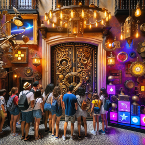 Grupo diverso de turistas emocionados frente a una puerta misteriosa de escape room decorada con elementos temáticos de fantasía mágica y ciencia ficción futurista, en un moderno centro de entretenimiento en Málaga con luz mediterránea natural