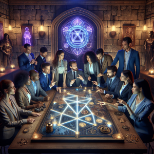 Diverse group of business professionals collaborating intensely around a table with puzzle elements and mysterious artifacts in an atmospheric escape room with purple and blue lighting, depicting effective corporate team building activity