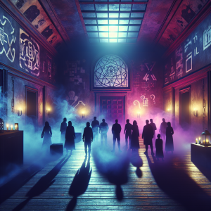 Escena atmosférica de un escape room de terror con iluminación tenue en tonos púrpuras y azules, mostrando siluetas de jugadores resolviendo acertijos mientras niebla misteriosa y elementos sobrenaturales crean una atmósfera de suspense controlado y emoción