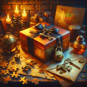 A wrapped gift box with a vintage lock and key surrounded by puzzle pieces, old maps, and a sealed envelope with wax stamp, set in a warm candlelit room with mysterious adventure-themed elements creating an atmosphere of excitement and enigma