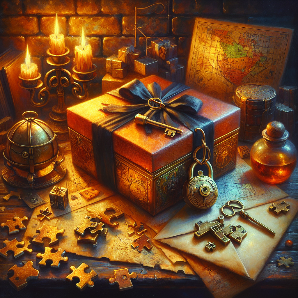 A wrapped gift box with a vintage lock and key surrounded by puzzle pieces, old maps, and a sealed envelope with wax stamp, set in a warm candlelit room with mysterious adventure-themed elements creating an atmosphere of excitement and enigma