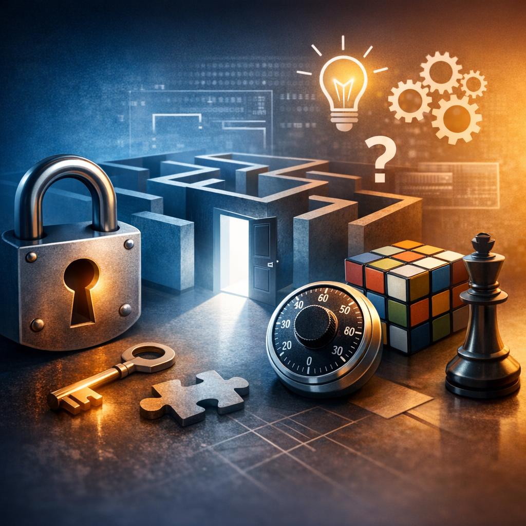Grupo de adultos resolviendo acertijos complejos en un escape room inmersivo y desafiante