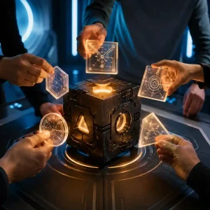 Equipo resolviendo acertijos futuristas usando pensamiento divergente en escape room de ciencia ficción