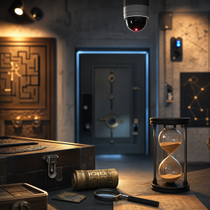 Interior técnico de escape room mostrando mecanismos ocultos y sistemas de control avanzados