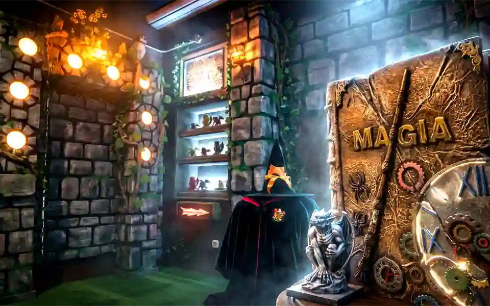 A landscape of a mysterious escape room with a huge gate, Gargoyles puzzle and an old big magic book.
